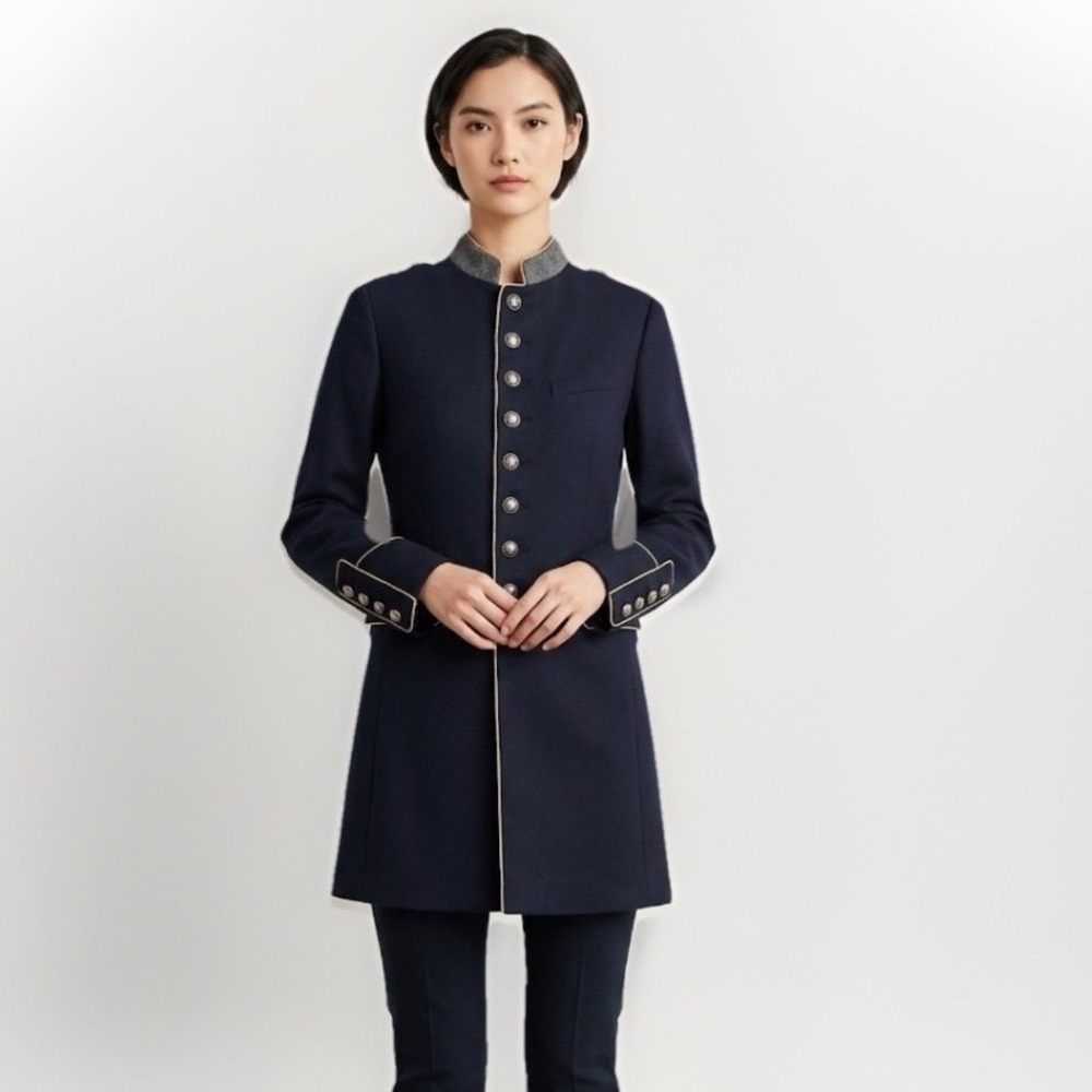 Mango Suit Military Blazer Coat Women S Navy Blue Gold Trim and Buttons Officer
